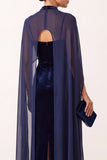 Sheath High Neck Navy Velvet Maxi Holiday Party Dress with Cape