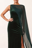 Dark Green Velvet Sheath Bateau Neck Maxi Holiday Party Dress with Side Cape