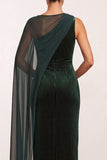 Dark Green Velvet Sheath Bateau Neck Maxi Holiday Party Dress with Side Cape