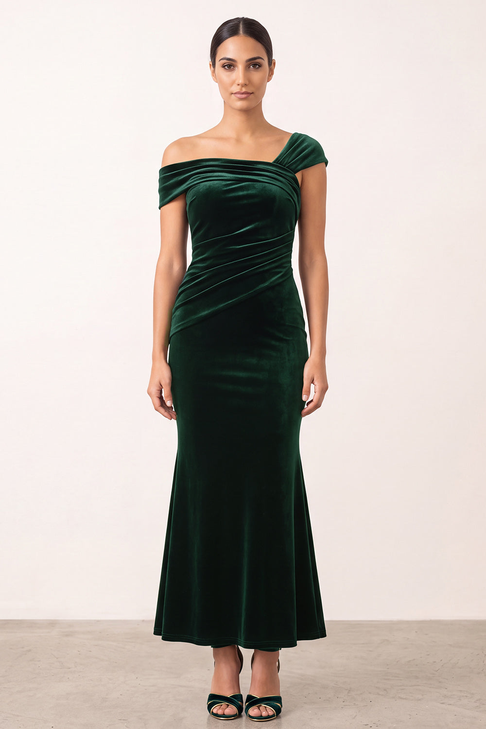 Dark Green Velvet Mermaid Asymmetrical Neck Ruched Maxi Holiday Party Dress