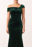 Dark Green Velvet Mermaid Asymmetrical Neck Ruched Maxi Holiday Party Dress