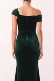 Dark Green Velvet Mermaid Asymmetrical Neck Ruched Maxi Holiday Party Dress