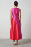 Fuchsia Red Patchwork Satin A-Line Bateau Neck Maxi Holiday Party Dress