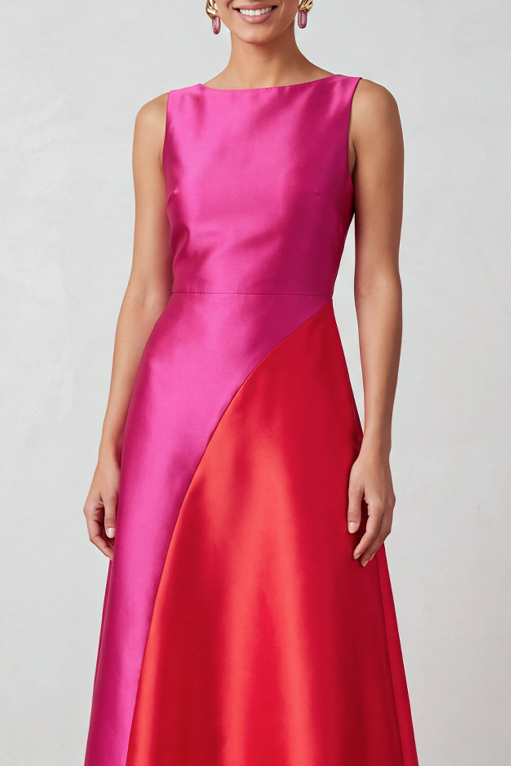 Fuchsia Red Patchwork Satin A-Line Bateau Neck Maxi Holiday Party Dress