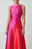 Fuchsia Red Patchwork Satin A-Line Bateau Neck Maxi Holiday Party Dress