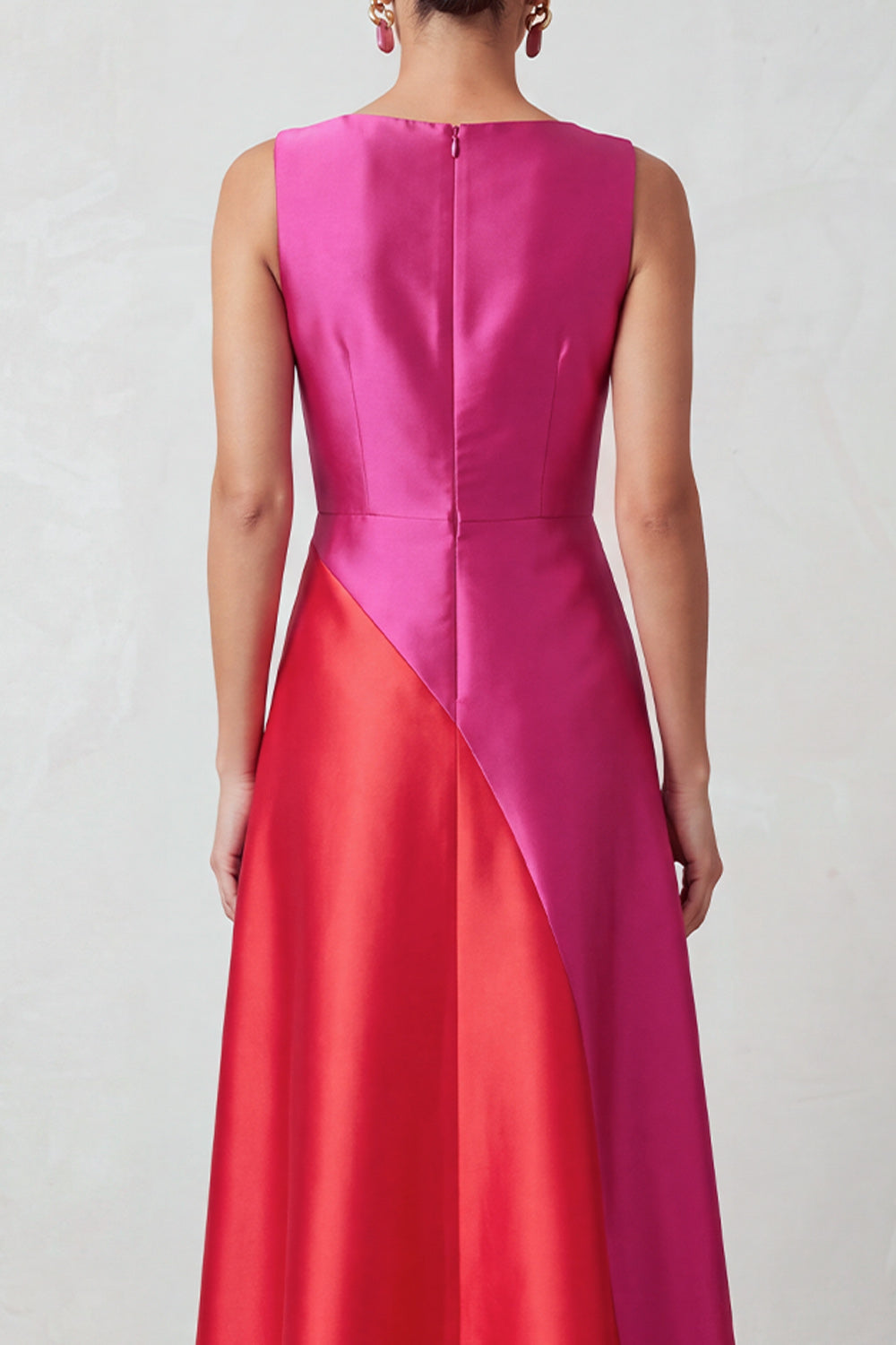Fuchsia Red Patchwork Satin A-Line Bateau Neck Maxi Holiday Party Dress