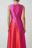Fuchsia Red Patchwork Satin A-Line Bateau Neck Maxi Holiday Party Dress