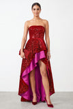 Sparkly Red Sequins Satin Tiered Ruffled A Line High-Low Holiday Party Dress