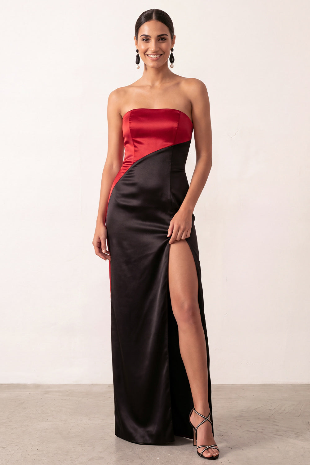 Sheath Strapless Black Red Patchwork Satin Long Holiday Party Dress with Slit