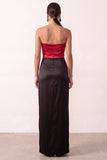 Sheath Strapless Black Red Patchwork Satin Long Holiday Party Dress with Slit