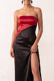 Sheath Strapless Black Red Patchwork Satin Long Holiday Party Dress with Slit