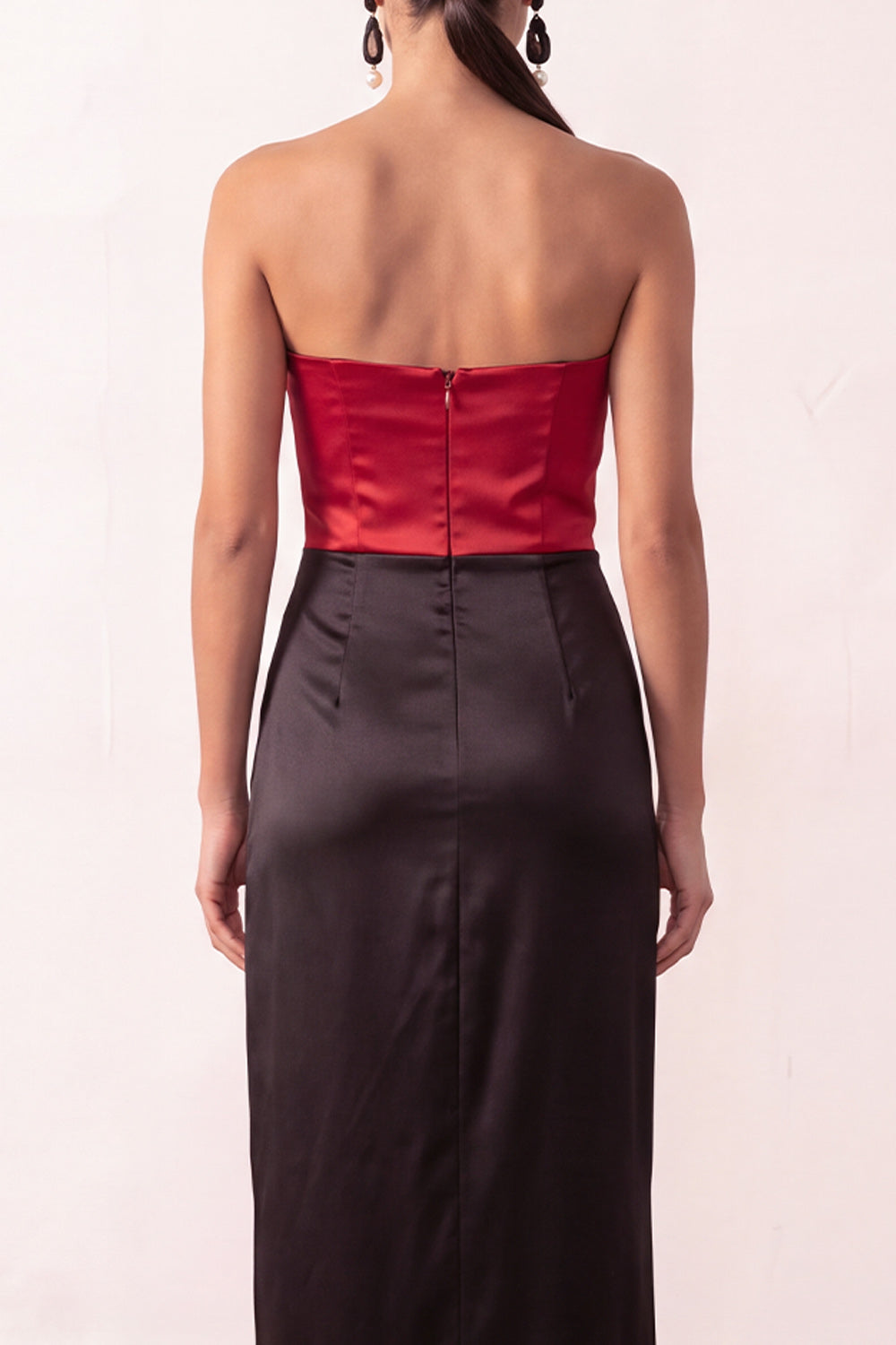Sheath Strapless Black Red Patchwork Satin Long Holiday Party Dress with Slit