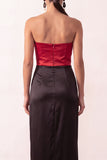 Sheath Strapless Black Red Patchwork Satin Long Holiday Party Dress with Slit