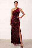 Sparkly Burgundy Sequin Velvet One Shoulder Maxi Holiday Party Dress with Slit