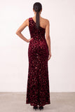Sparkly Burgundy Sequin Velvet One Shoulder Maxi Holiday Party Dress with Slit