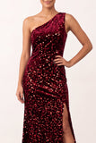 Sparkly Burgundy Sequin Velvet One Shoulder Maxi Holiday Party Dress with Slit