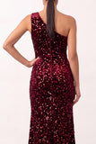 Sparkly Burgundy Sequin Velvet One Shoulder Maxi Holiday Party Dress with Slit