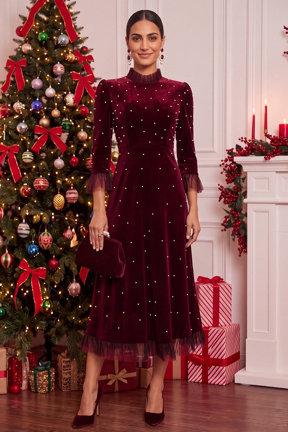 Burgundy Velvet Beaded Ruffled A-Line 3/4 Sleeves Midi Holiday Party Dress