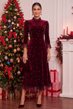 Burgundy Velvet Beaded Ruffled A-Line 3/4 Sleeves Midi Holiday Party Dress