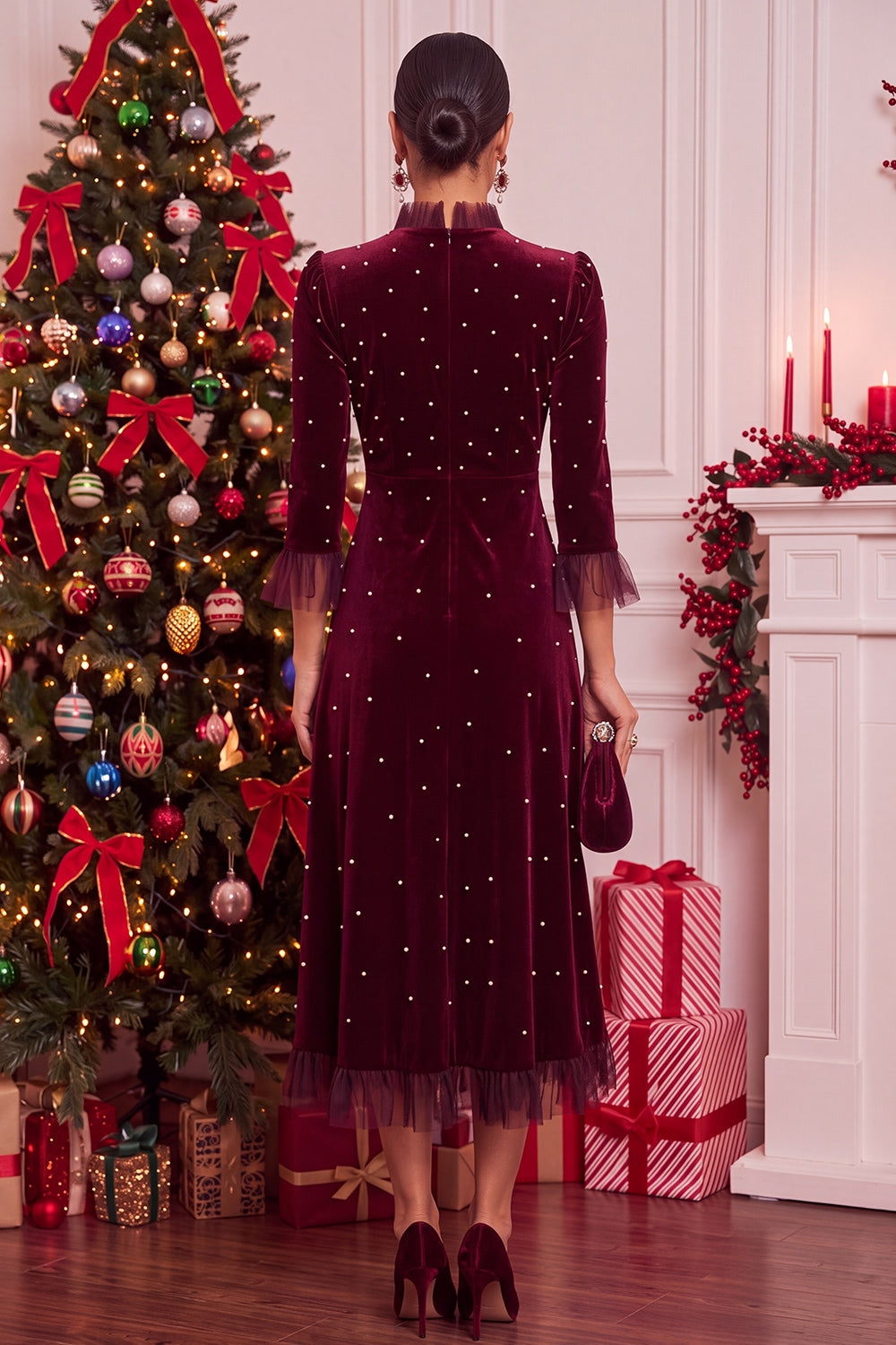 Burgundy Velvet Beaded Ruffled A-Line 3/4 Sleeves Midi Holiday Party Dress
