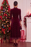 Burgundy Velvet Beaded Ruffled A-Line 3/4 Sleeves Midi Holiday Party Dress
