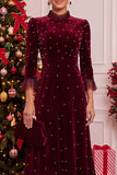 Burgundy Velvet Beaded Ruffled A-Line 3/4 Sleeves Midi Holiday Party Dress