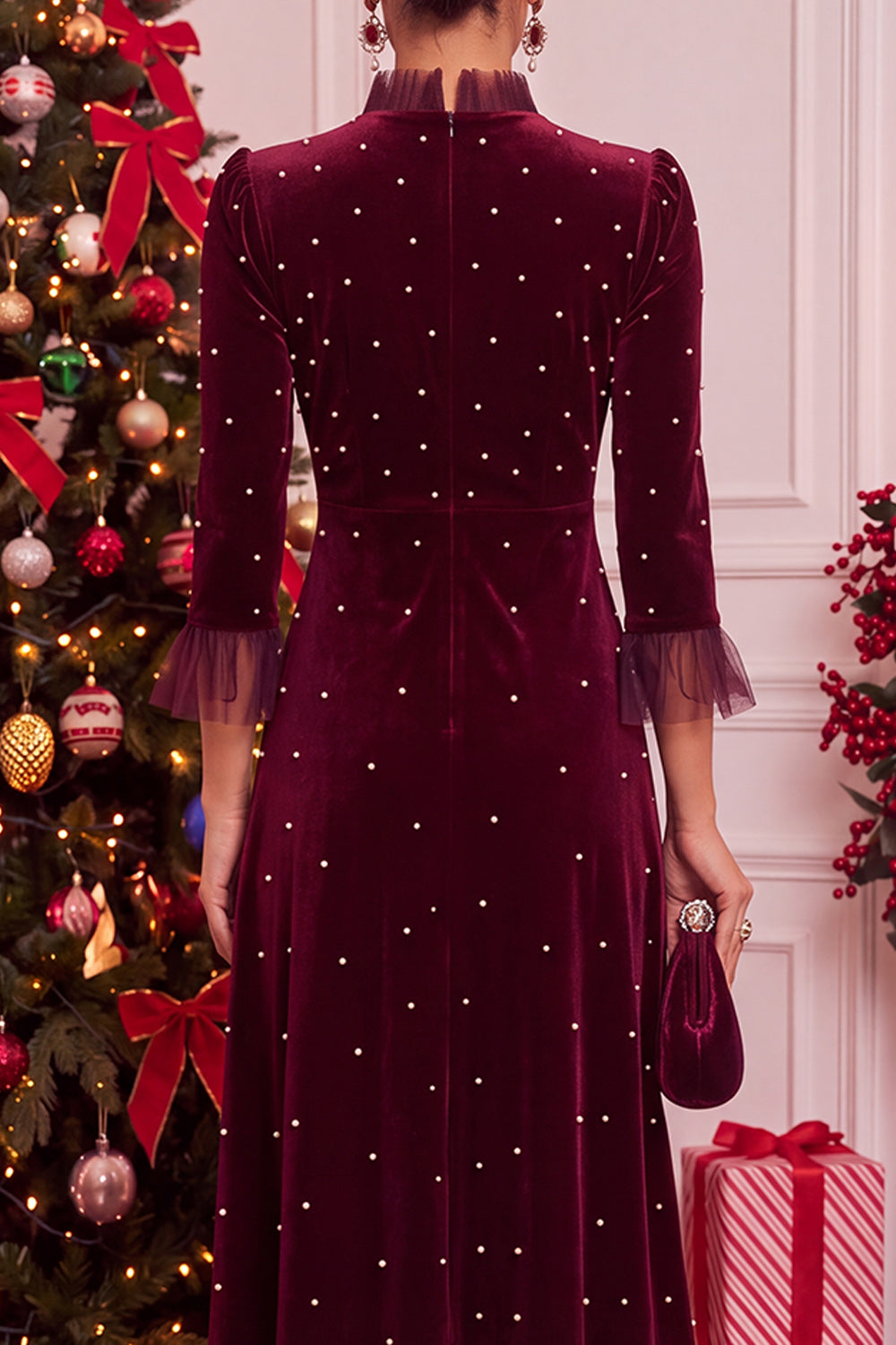 Burgundy Velvet Beaded Ruffled A-Line 3/4 Sleeves Midi Holiday Party Dress