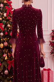 Burgundy Velvet Beaded Ruffled A-Line 3/4 Sleeves Midi Holiday Party Dress