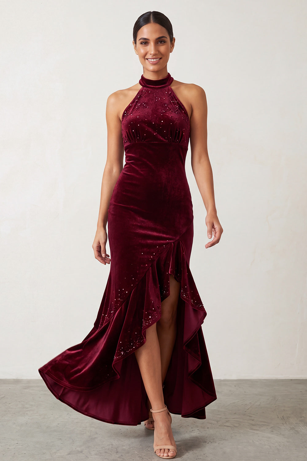 Burgundy Velvet Beaded Ruffled Halter High-Low Holiday Party Dress