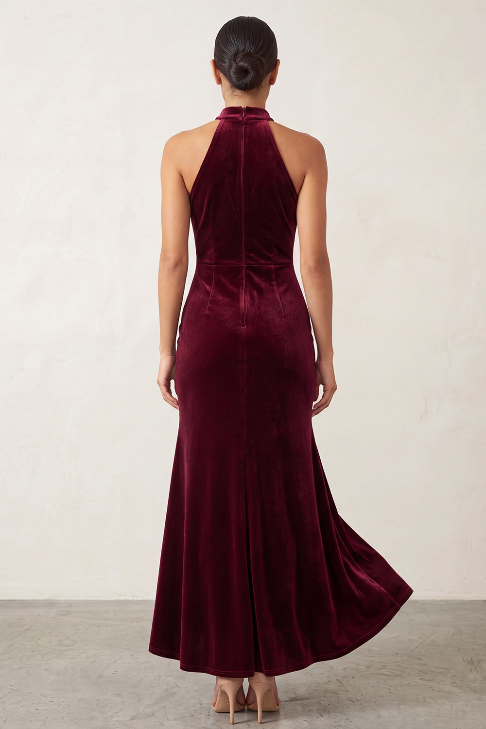Burgundy Velvet Beaded Ruffled Halter High-Low Holiday Party Dress