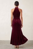 Burgundy Velvet Beaded Ruffled Halter High-Low Holiday Party Dress