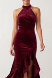 Burgundy Velvet Beaded Ruffled Halter High-Low Holiday Party Dress