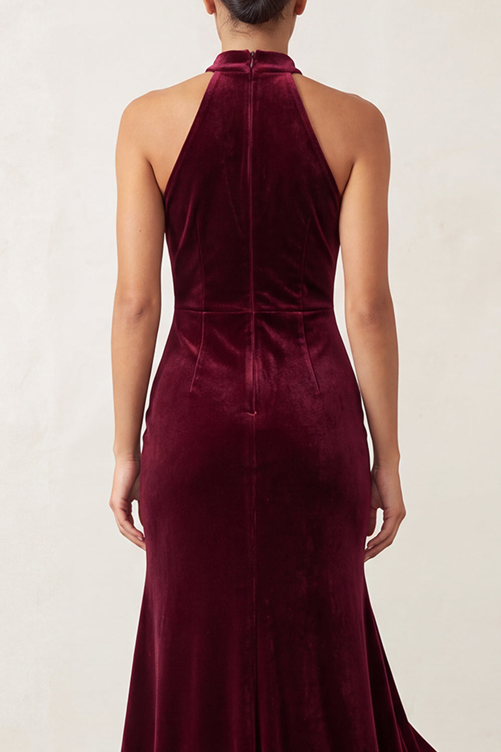 Burgundy Velvet Beaded Ruffled Halter High-Low Holiday Party Dress