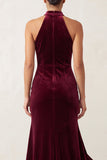 Burgundy Velvet Beaded Ruffled Halter High-Low Holiday Party Dress