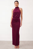 Burgundy Velvet Sheath High Neck Ruched Maxi Holiday Party Dress with Back Slit