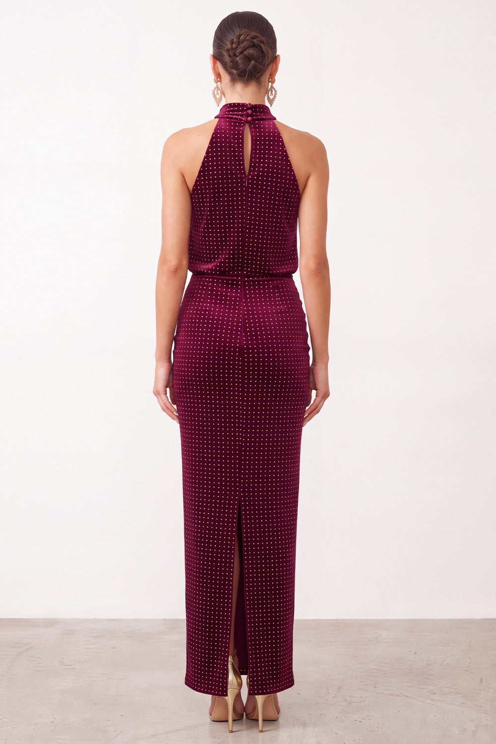 Burgundy Velvet Sheath High Neck Ruched Maxi Holiday Party Dress with Back Slit
