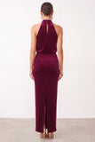 Burgundy Velvet Sheath High Neck Ruched Maxi Holiday Party Dress with Back Slit