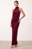 Burgundy Velvet Sheath High Neck Ruched Maxi Holiday Party Dress with Back Slit