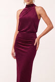 Burgundy Velvet Sheath High Neck Ruched Maxi Holiday Party Dress with Back Slit