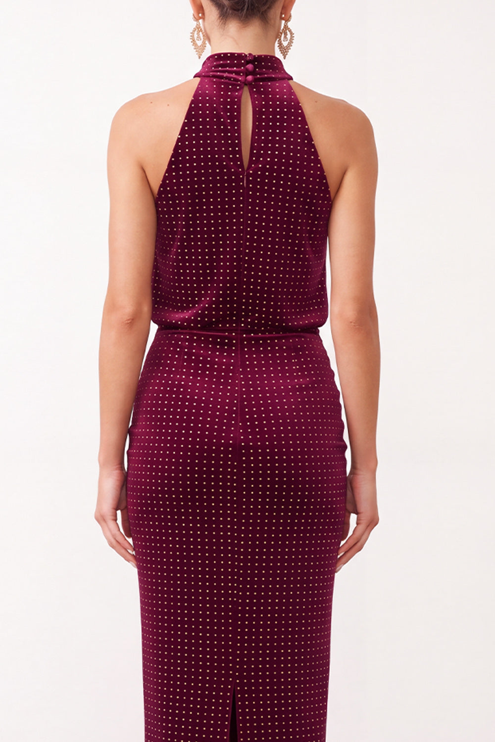 Burgundy Velvet Sheath High Neck Ruched Maxi Holiday Party Dress with Back Slit