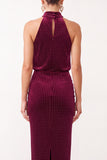 Burgundy Velvet Sheath High Neck Ruched Maxi Holiday Party Dress with Back Slit