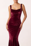 Simple Mermaid Thick Straps Burgundy Velvet Long Holiday Party Dress