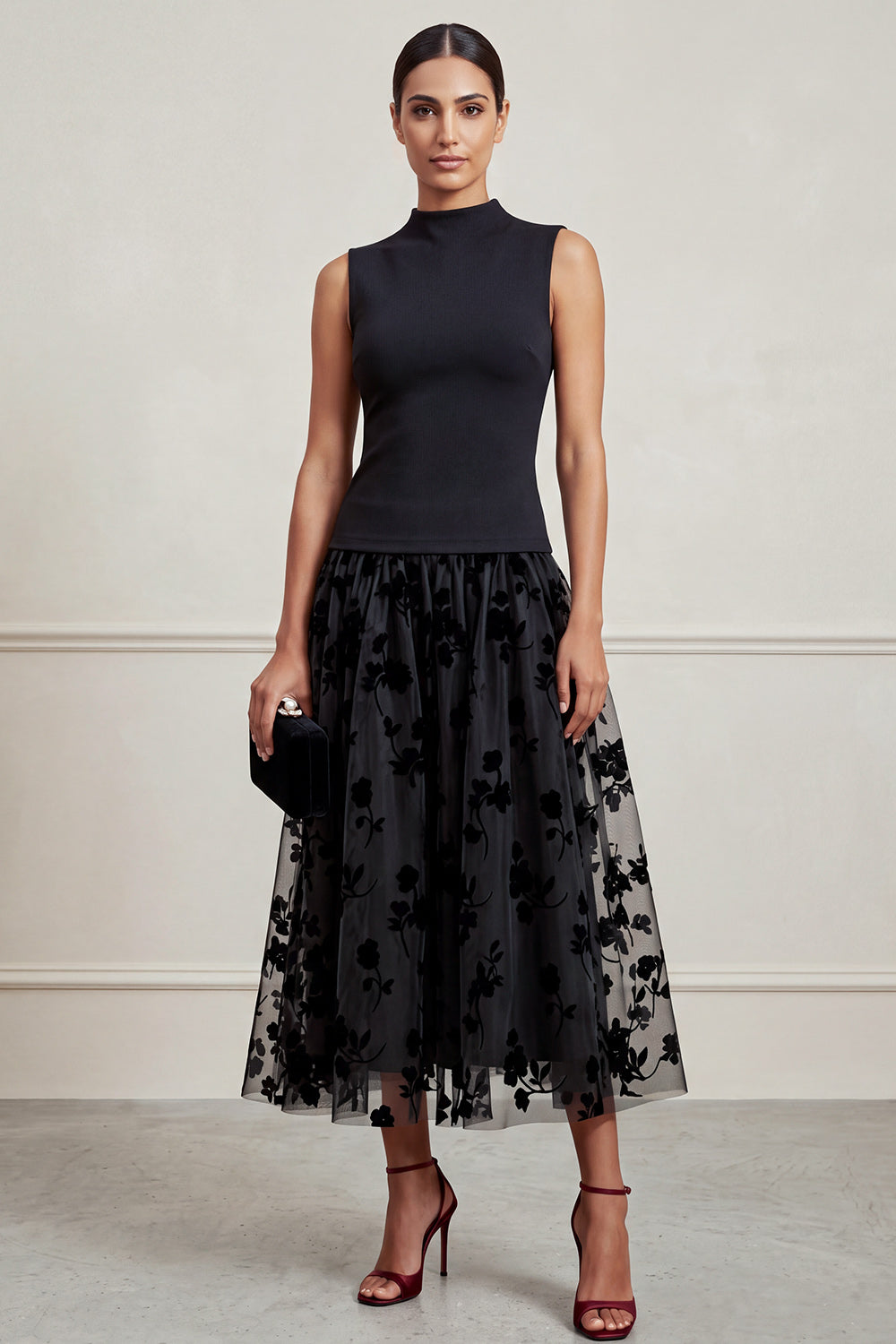 A-Line High Neck Black Floral Tulle Midi Holiday Party Dress
