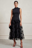 A-Line High Neck Black Floral Tulle Midi Holiday Party Dress
