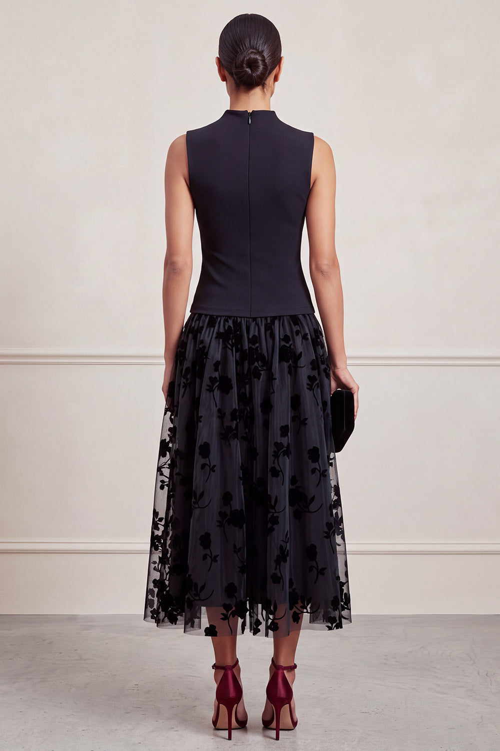 A-Line High Neck Black Floral Tulle Midi Holiday Party Dress