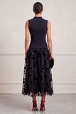 A-Line High Neck Black Floral Tulle Midi Holiday Party Dress