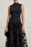 A-Line High Neck Black Floral Tulle Midi Holiday Party Dress