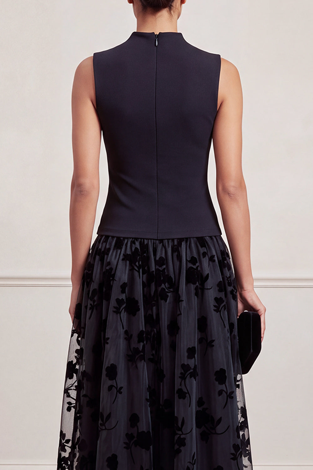 A-Line High Neck Black Floral Tulle Midi Holiday Party Dress