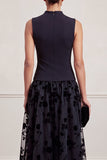 A-Line High Neck Black Floral Tulle Midi Holiday Party Dress