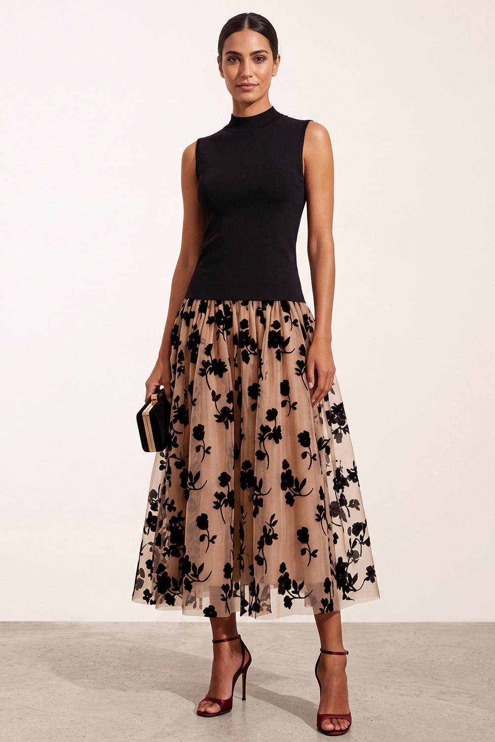 A-Line High Neck Black Floral Tulle Midi Holiday Party Dress